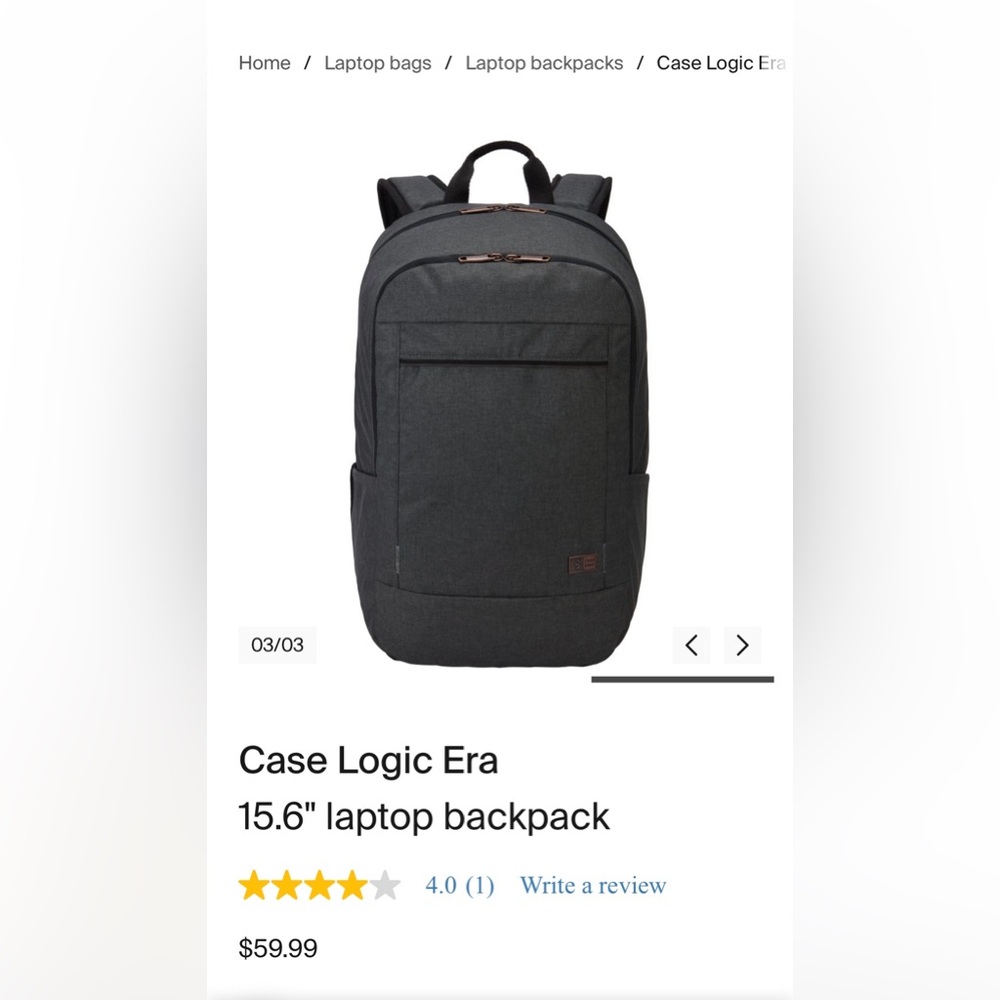 NWOT 15.6" laptop backpack by Case Logic (lightweight)